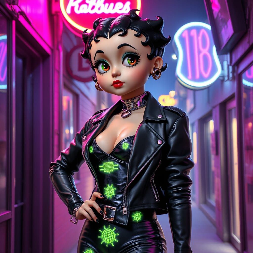 Cyberpunk Betty Boop in Neon Alleyway