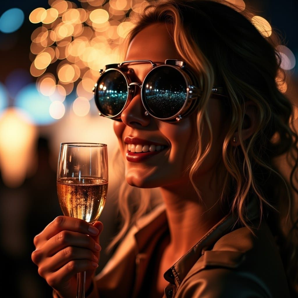 <lora:SteampunkFoto FL:1.0> A close-up of a smiling person holding a champagne glass, sparkling fireworks reflecting in their eyes as the n...