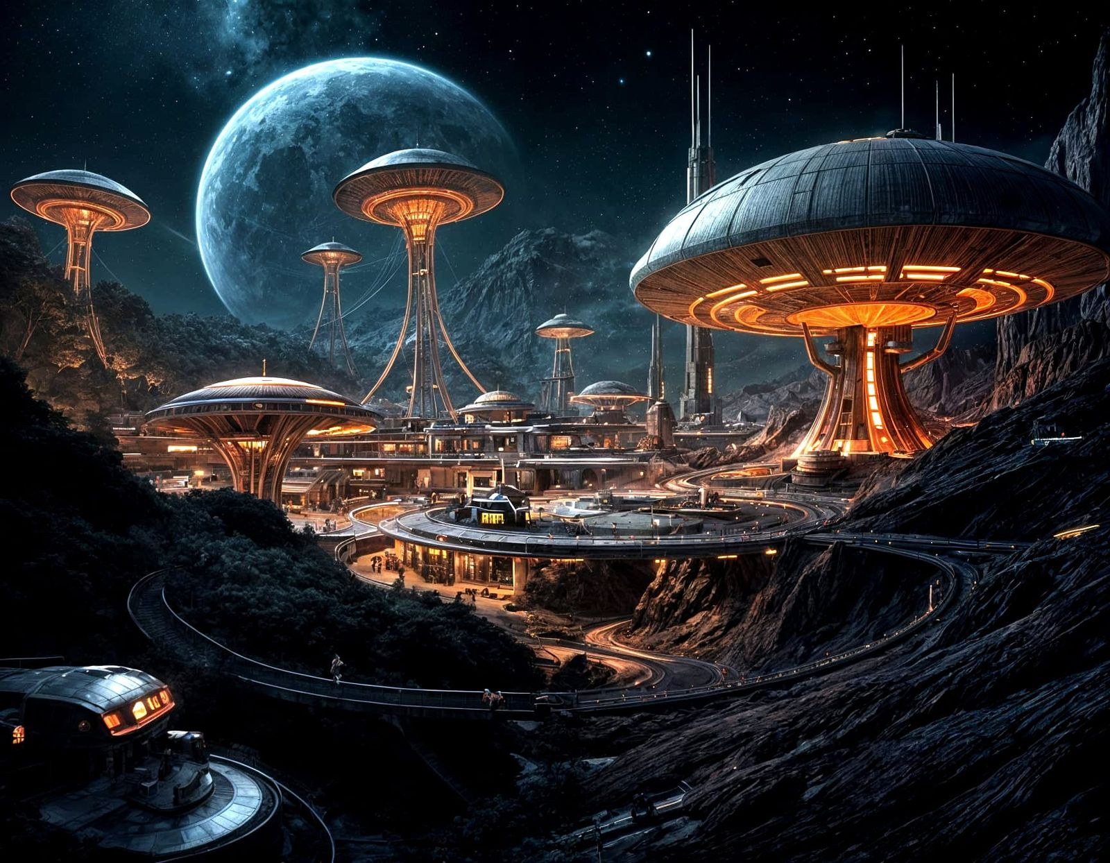 Digital illustration of a futuristic alien gas station. The station is located in a mountainous area ...  by @photon