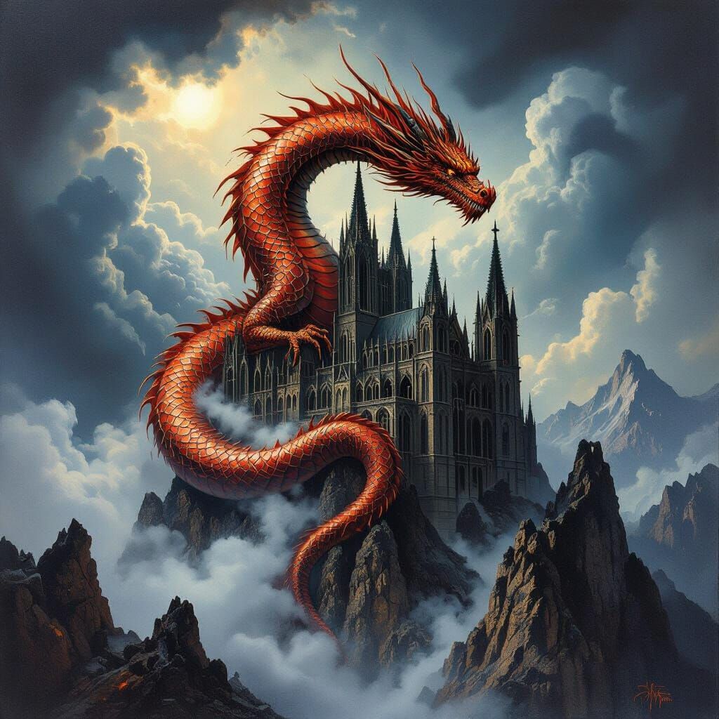 A majestic fire dragon on cathedral  by @BlueDragonStarWoman