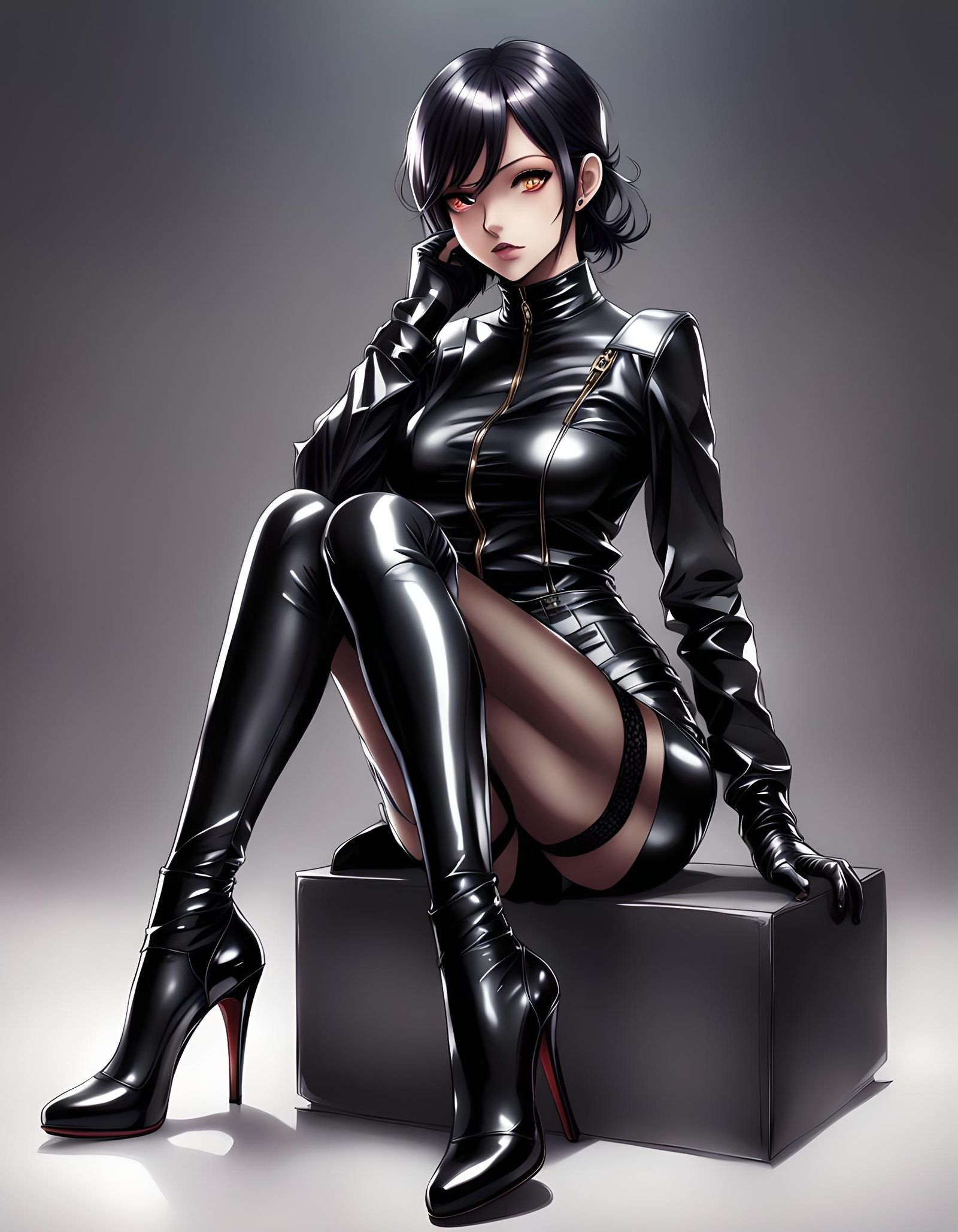 Beautiful girl in black shiny Leather hosiery