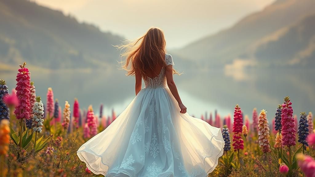 At lake Takapo a panoramic view of a woman in a long white dress as she walks away through the colourful lupins in the morning hazy light