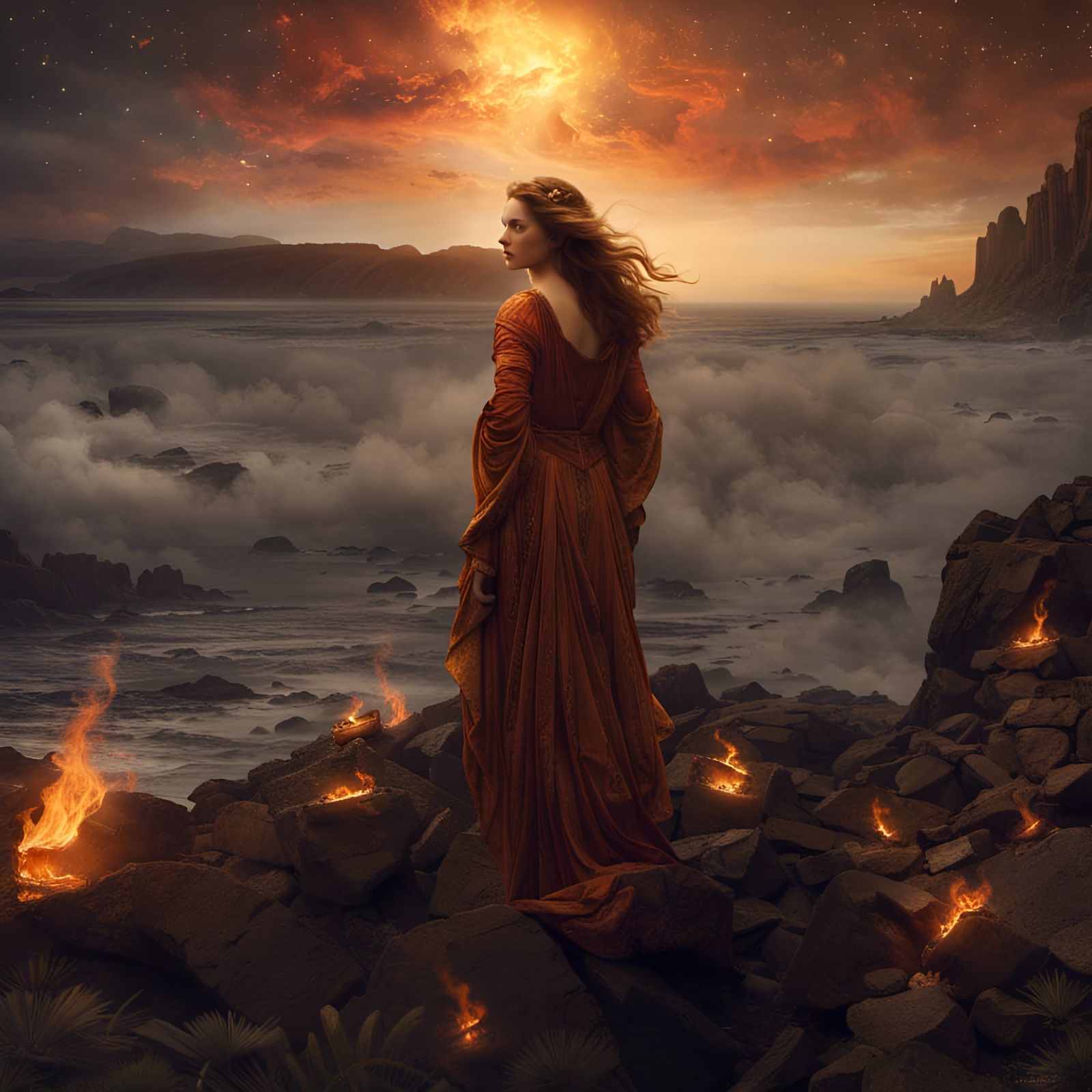 Cast amongst the stars,
Burning deep as they return, 
Unfettered feelings.

Pre-Raphaelite

Edward Leighton ...  by @Clayton