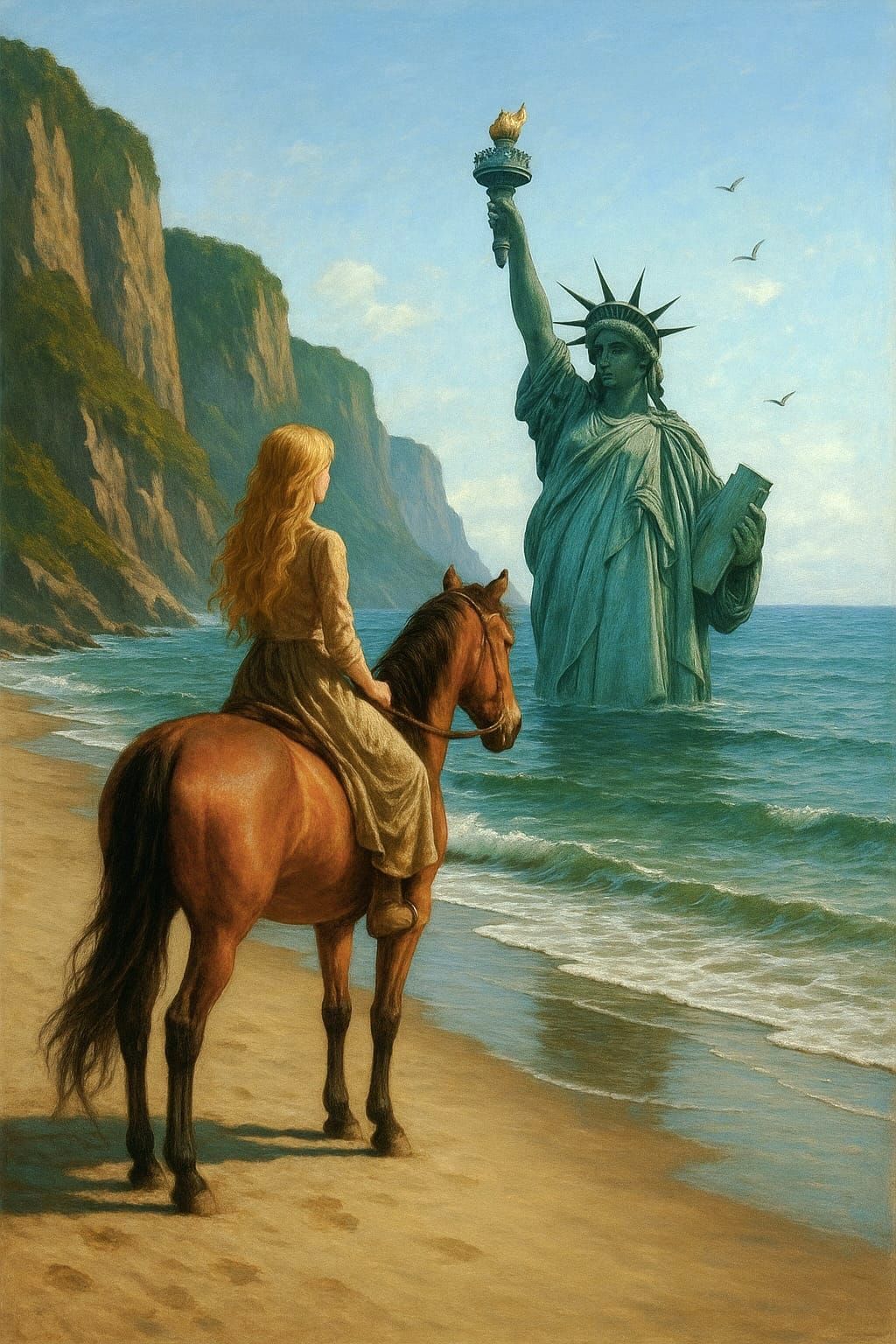 Beneath the gaze of the eternal cliffs, a soul rides dreams, while the majestic Statue of Liberty rises from the abyss, ...