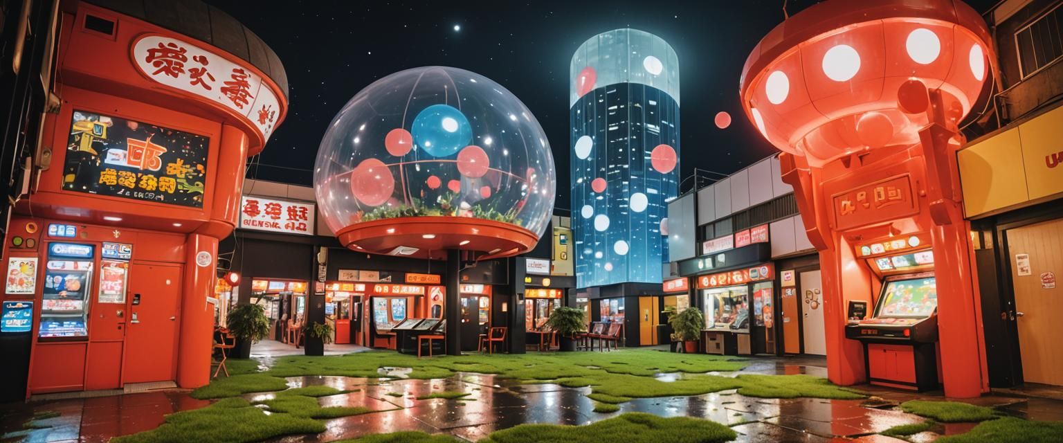Japanese arcade buildings at night, fake grass, red and rise...