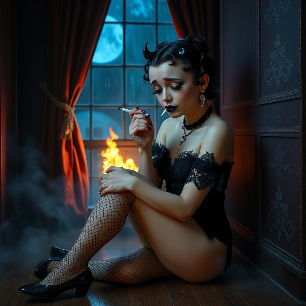 Gothic Betty Boop Crying in Burning Room