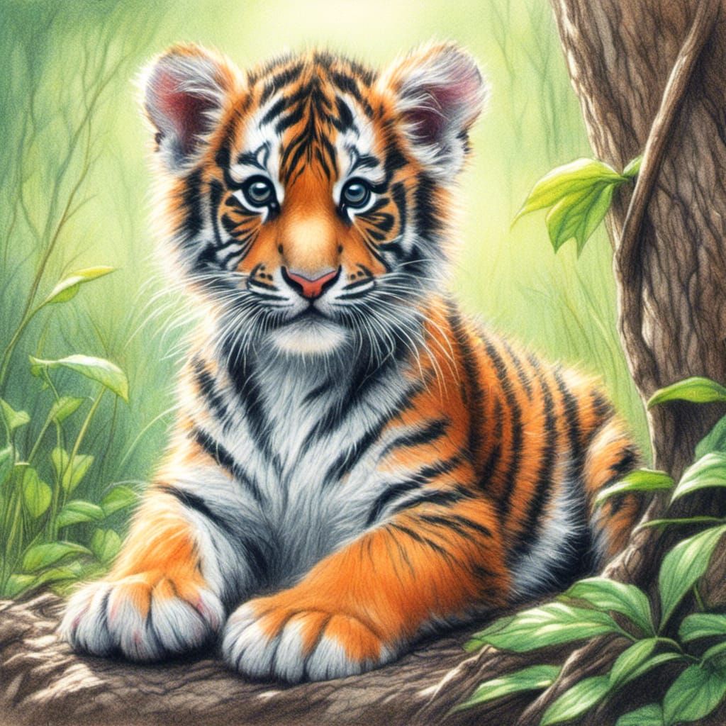 <lora:Pencils and crayons:1.0> (Pencils and coloured crayon) beautiful baby tiger cub with bright orange stripes sitting under a shady tree....