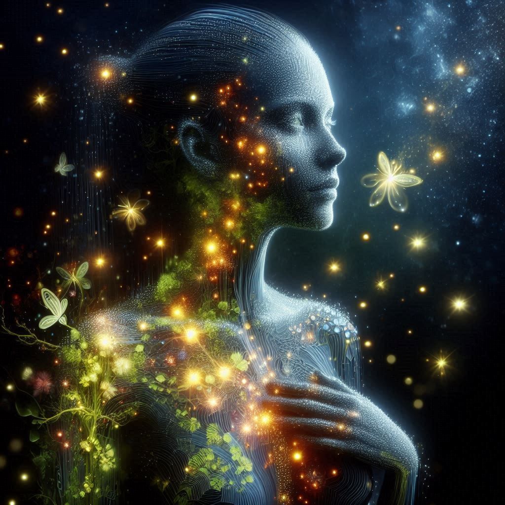 woman is a landscape of interconnected ecosystems, with miniature glowing fireflies inhabiting her form and luminescent ...