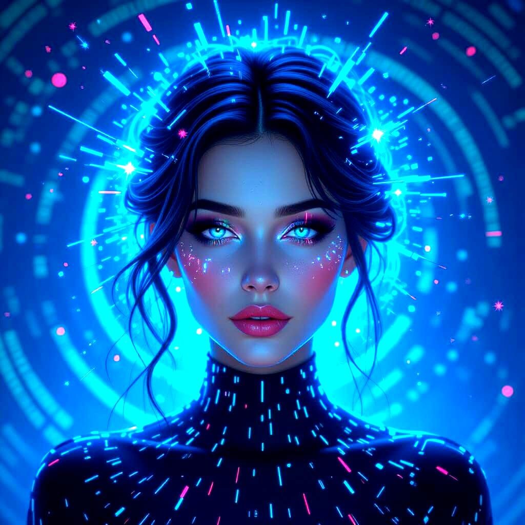  A portrait of a bioluminescent woman, her face distorted by digital glitches and chromatic aberrations. Her mane of starlight is fragmented...