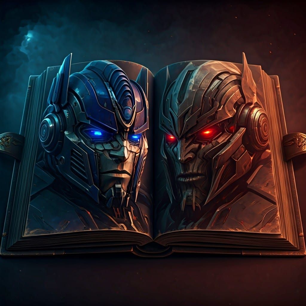 close-up of a book open in the middle, on one page of the book Optimus Prime is looking at the enemy, ...  by @Barabashka