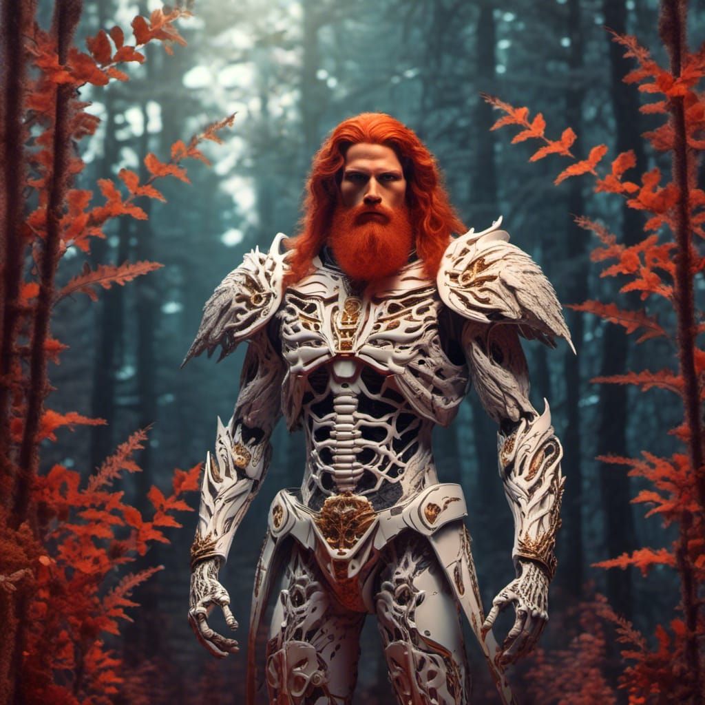 Handsome prince charming red hair beard muscle , muscle white skeletal system skeleton bone armor thorns vines leaves fox wolf eagle wings n...