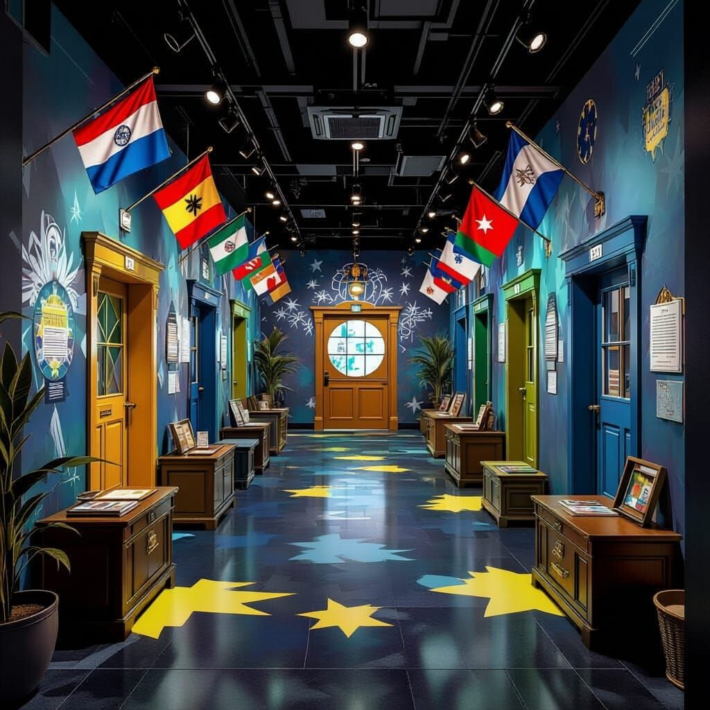 A bright escape room decorated with colors and flags representing different languages, featuring original games and puzzles. 