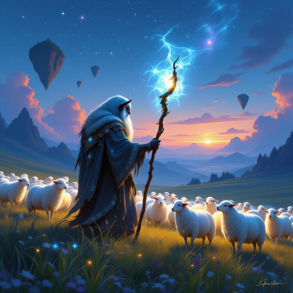 An ancient, weathered shepherd creature, adorned with glowing cosmic patterns, tending to a flock of ethereal, bioluminescent sheep in a vas...