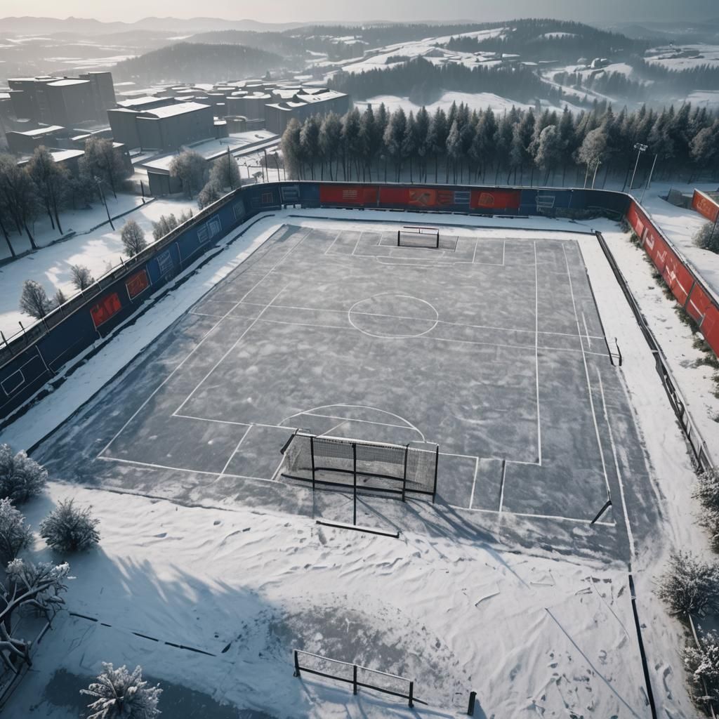 snowy day at an empty football pitch