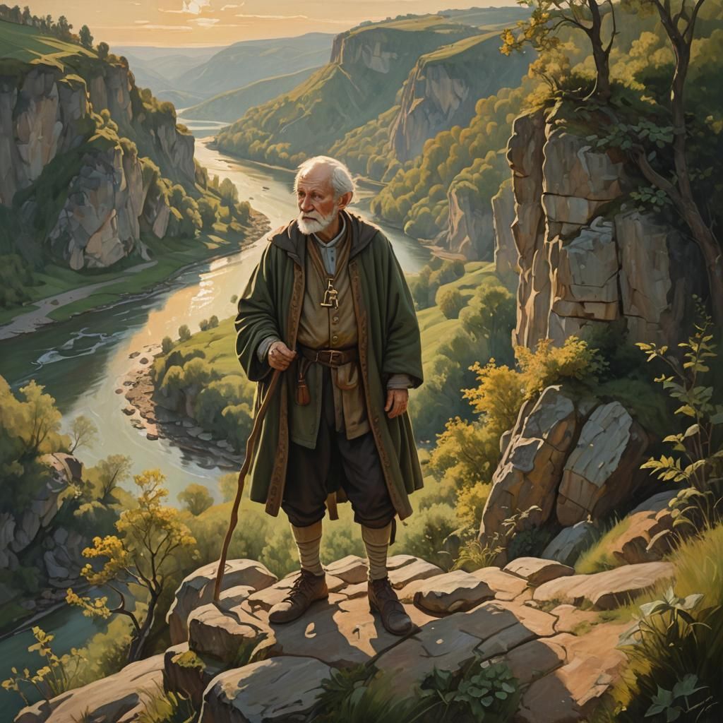 An old man dressed in medieval style is standing on a cliff with a