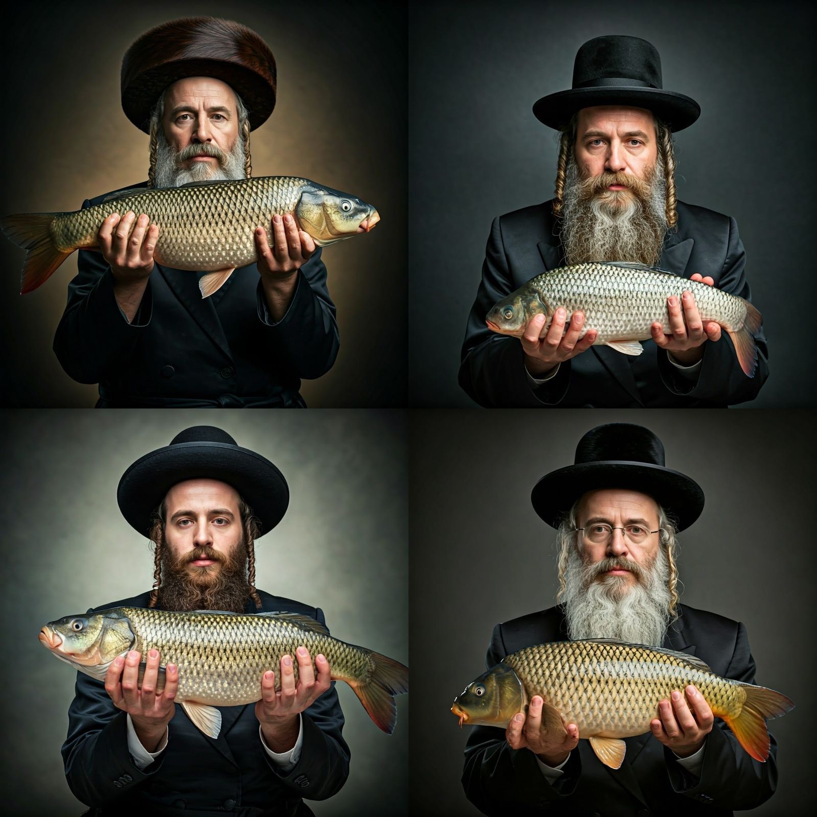 Orthodox Jew in Hasidic Attire Holding a Large Fish