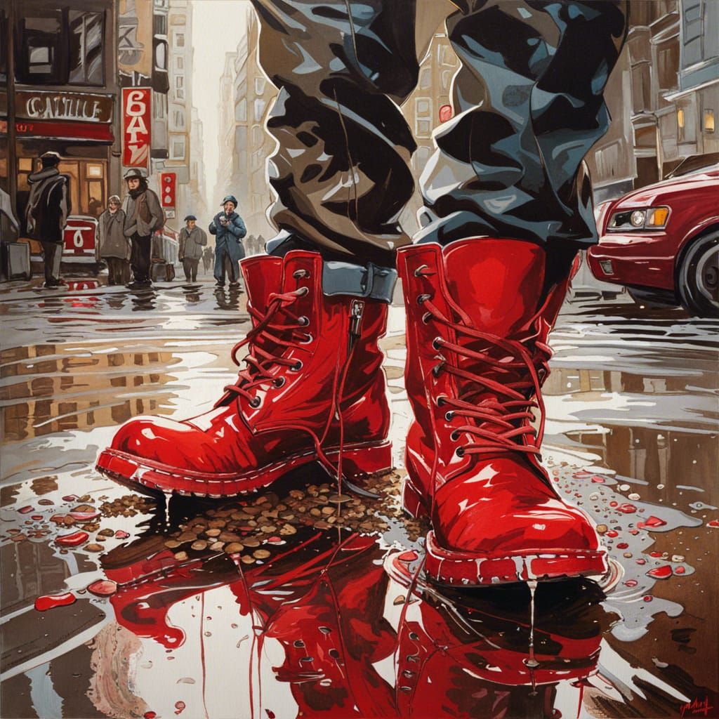 Red boots in the rain - AI Generated Artwork - NightCafe Creator