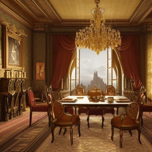 inside a castle, living room, tea arrangement on the table, ...