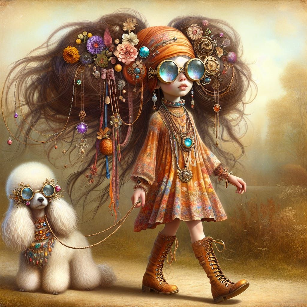 Cinematic wide shot from low angle of a girl walking with her dog in tranquility while all surroundings like natural ele...