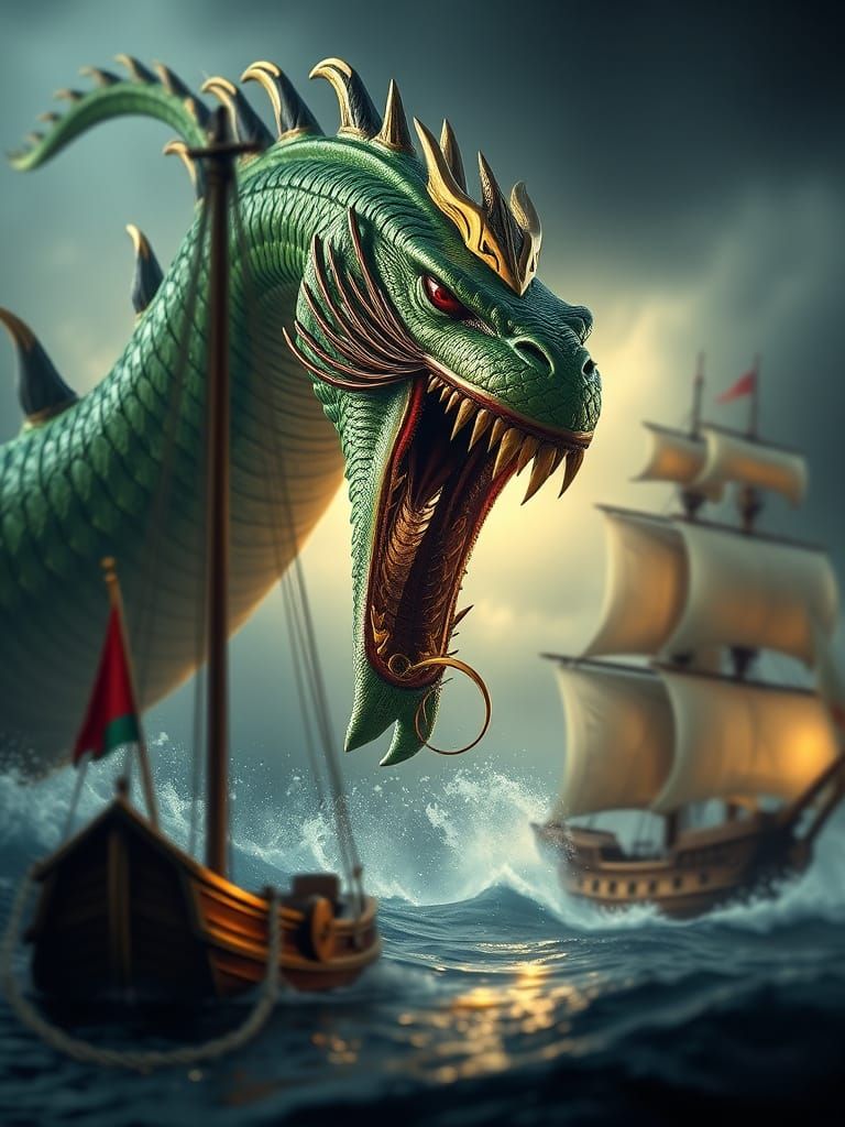 A large green and gold kraken attacking and sailing ship Professional photography, bokeh, natural lighting, canon lens, shot on dslr 64 mega...
