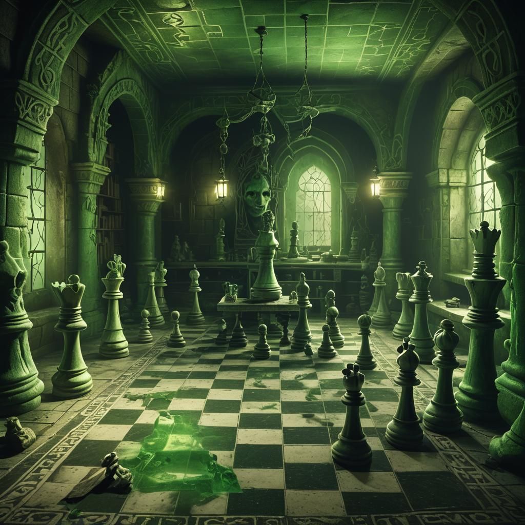 Haunted Chessboard in Abandoned Chamber, Fantasy Realism