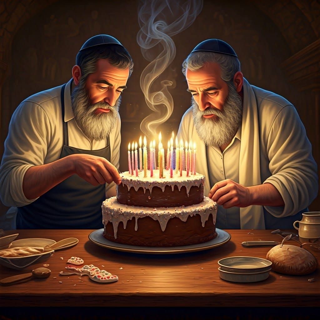 Two Orthodox Jewish Men Craft Majestic Cake in Golden-Lit Ki...