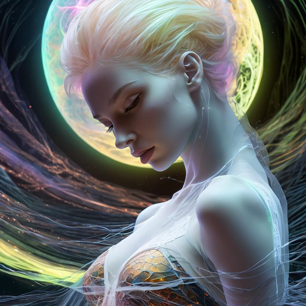 An exquisitely intricate fractal pattern, reminiscent of lace and leather  on a beautiful masterpiece brunette   dancer  with a tear in her...