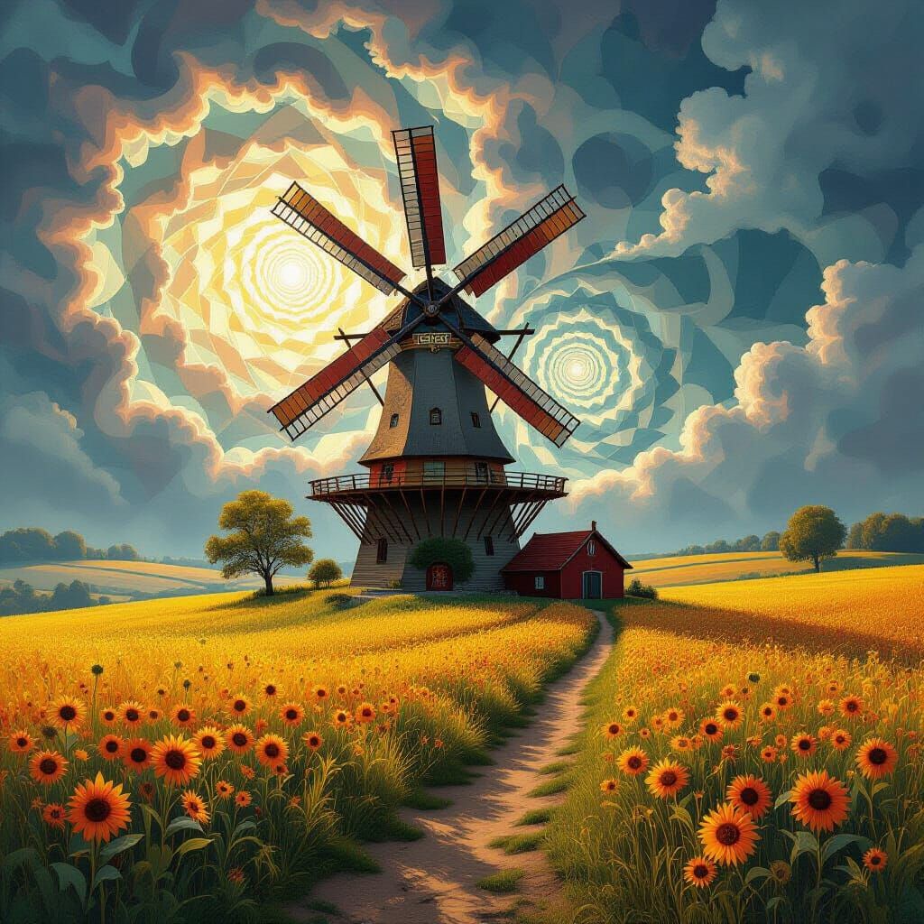 Expressionist Fractal Windmill Village in Abstract Symphony