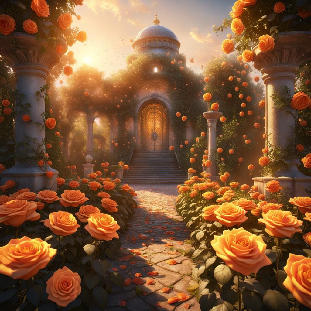 sunshine over a garden of orange roses