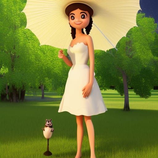 Raccoon Southern Belle Under Willow Tree: 3D Digital Art