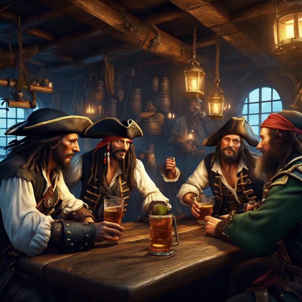 Pirates drinking in a tavern, 64k resolution, a masterpiece, 75mm ...