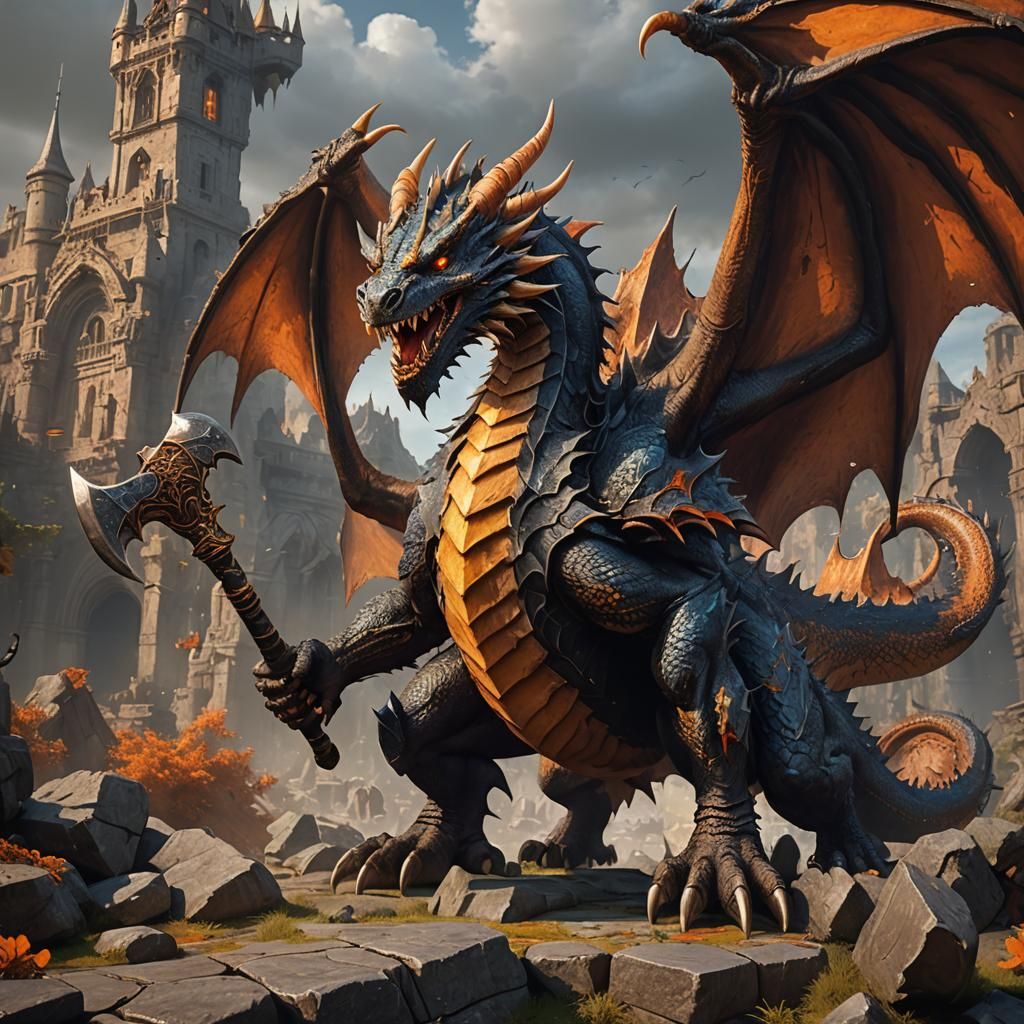 A giant dragon who’s orange a shapeshifter and holding an ax...