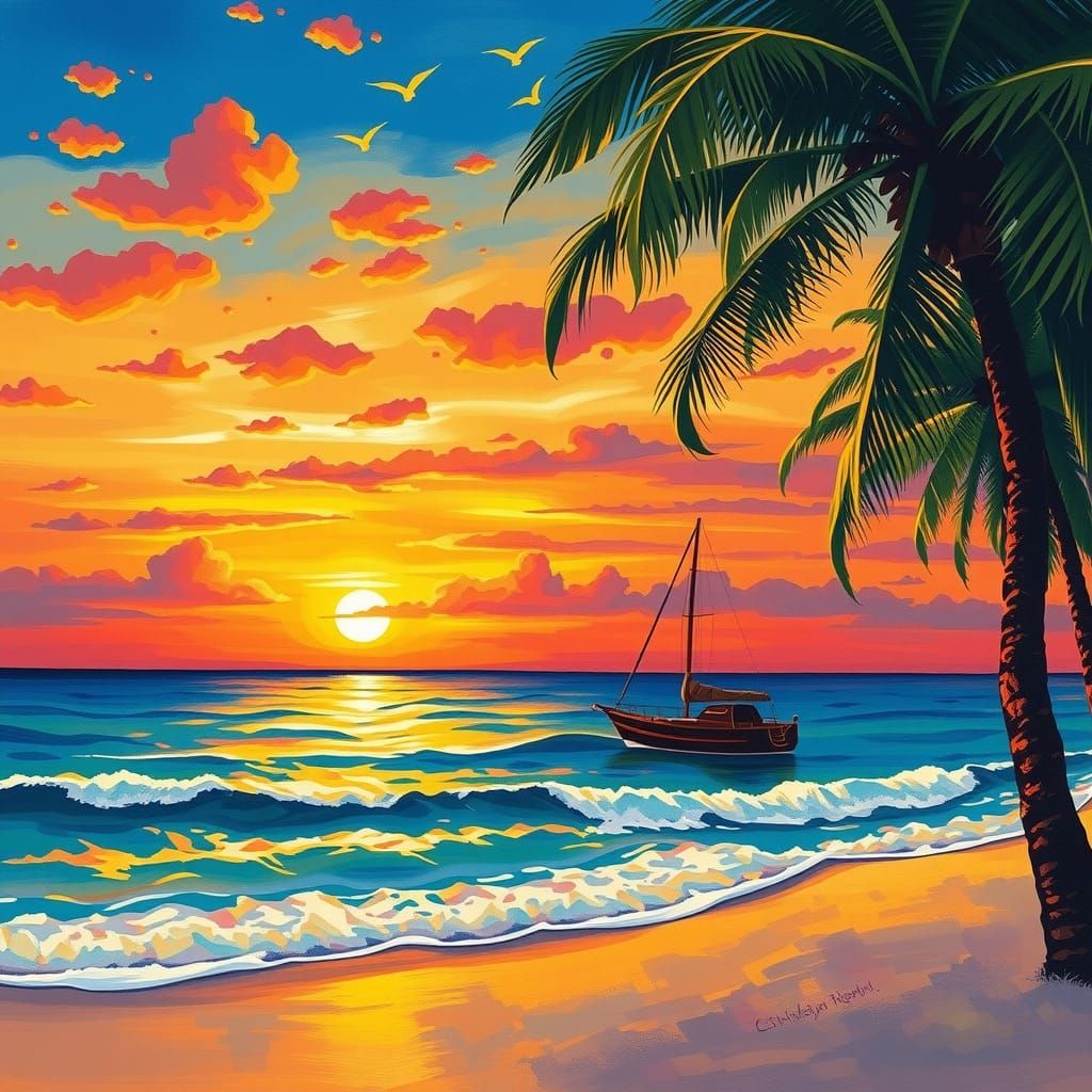 Vibrant Sunset Painting with Sailboat in Naive Style