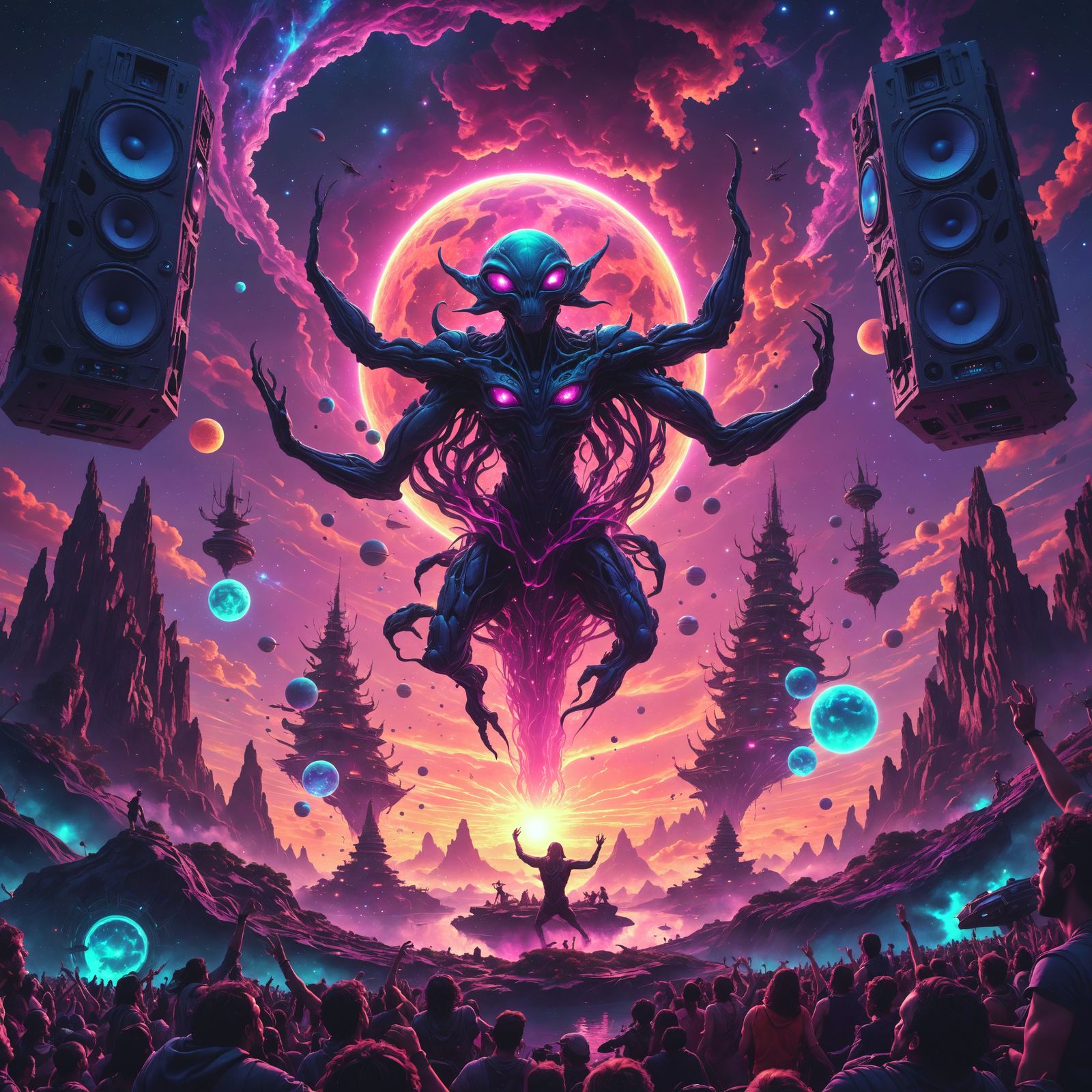 A psychedelic and dark illustration of an alien god with mul...