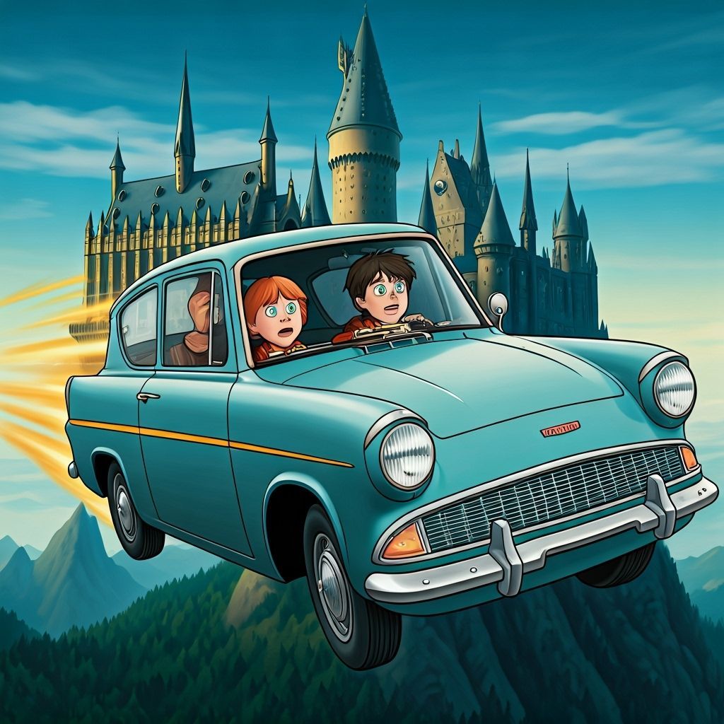 Ford Anglia with Ron and Harry in front seat, flying over Hogwarth school.