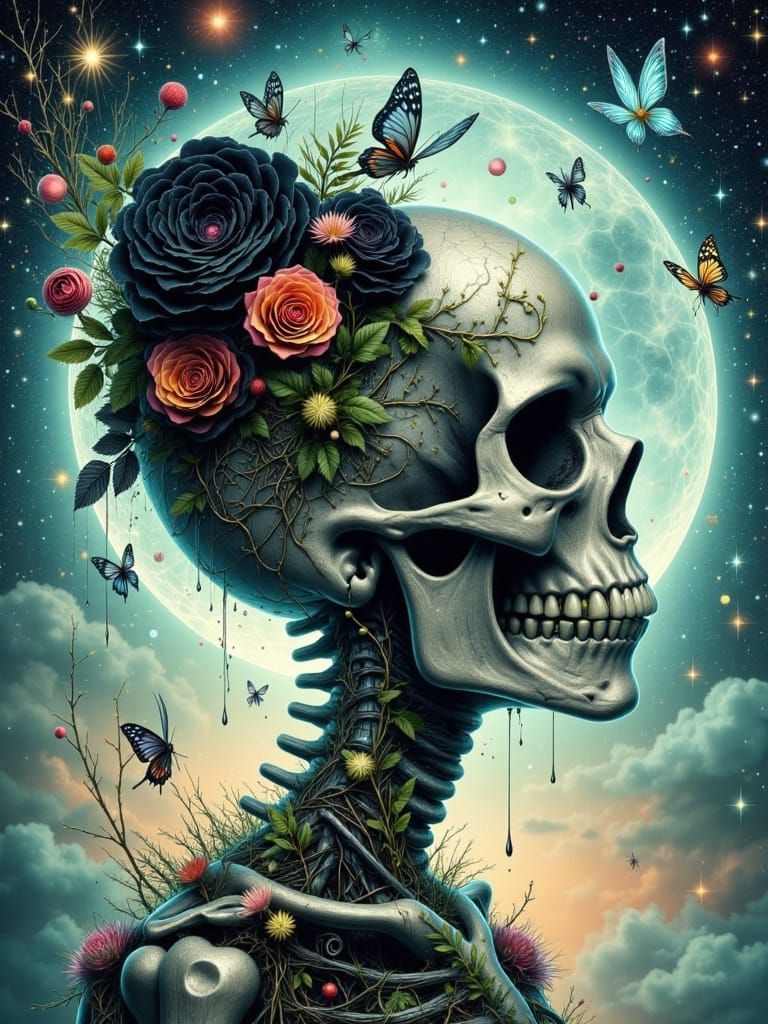 Ethereal Skeleton Fantasy with Cosmic Roses and Butterflies