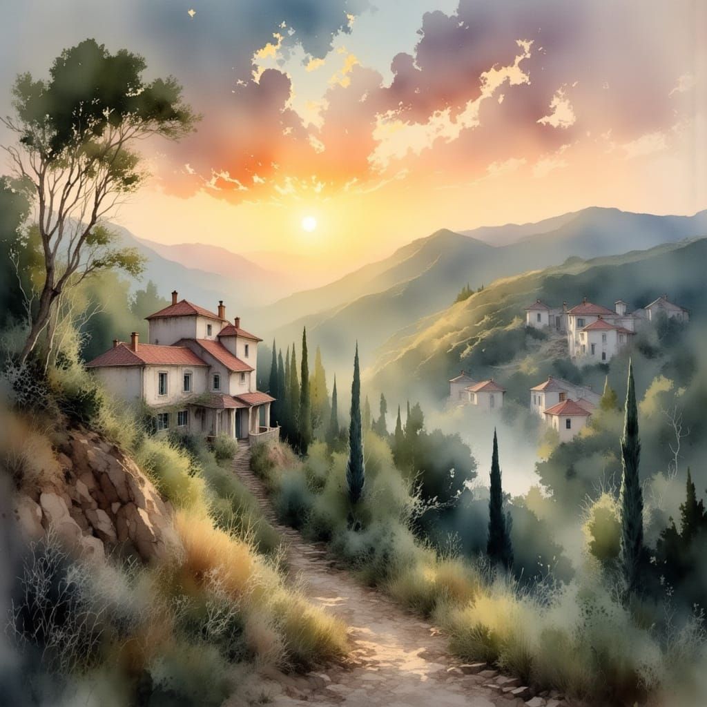 Israeli Village Sunrise in Oil Painting Style
