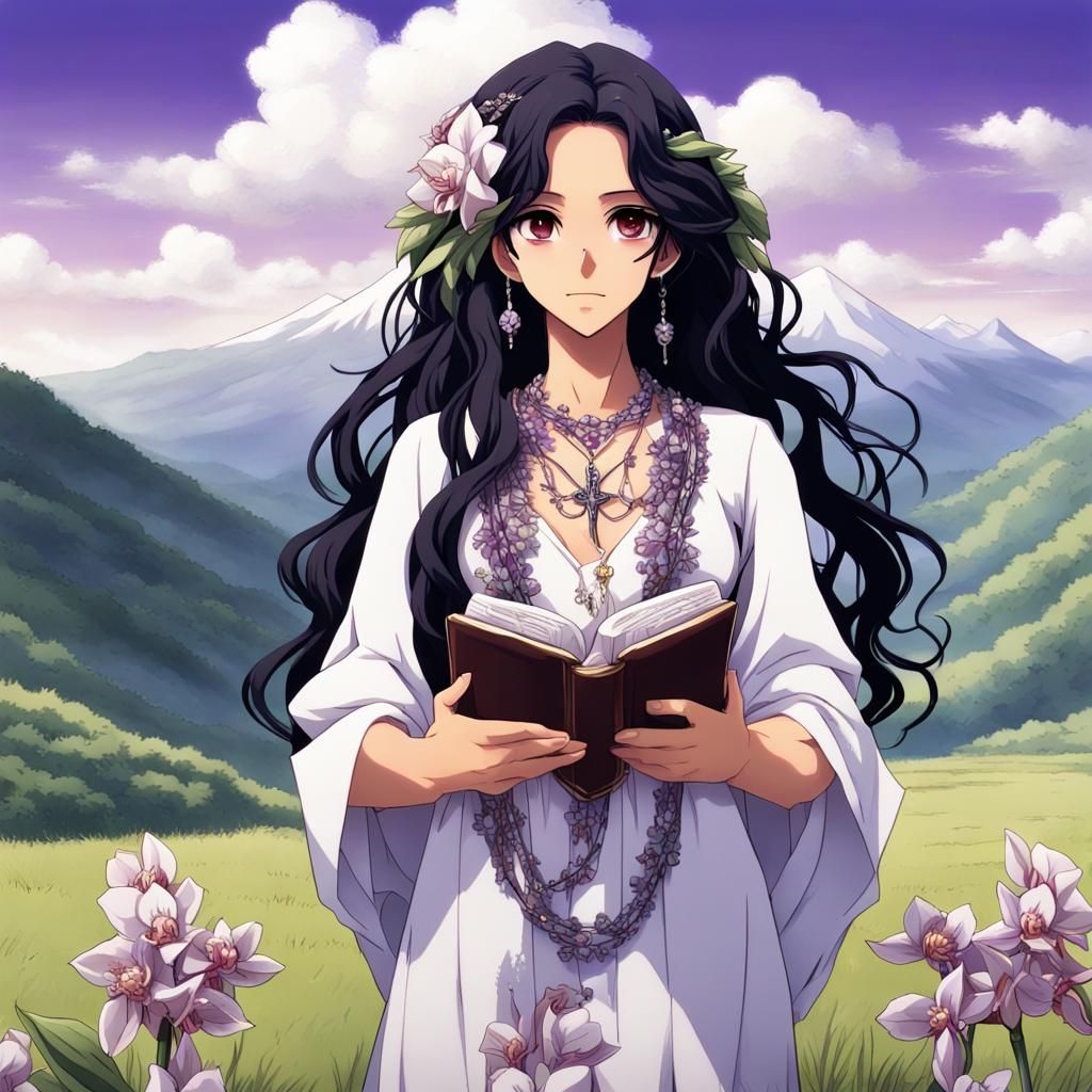 A skinny Hispanic señorita with long black curly hair wearing a light white  and purple floral dress with a cross necklace standing in a mead... - AI  Generated Artwork - NightCafe Creator