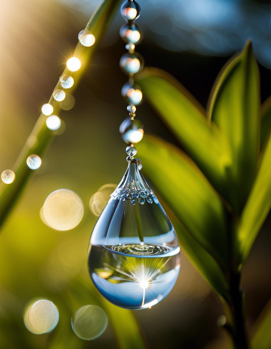 a crystal-clear water droplet, glistening under sunlight, hanging from a bird feeder