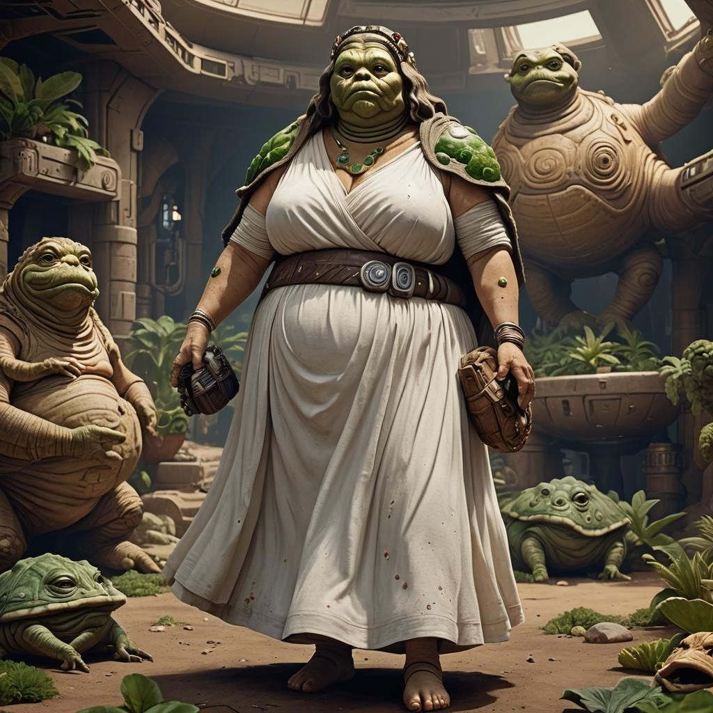 Mrs. Jabba the Hutt wearing a short white tennis dress.