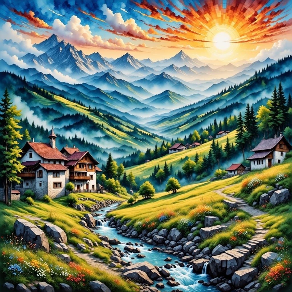 The Swiss Alps. <lora:Water-ink-colorV2:1.0> <lora:Tile-SunshineFLUX:1.0> 