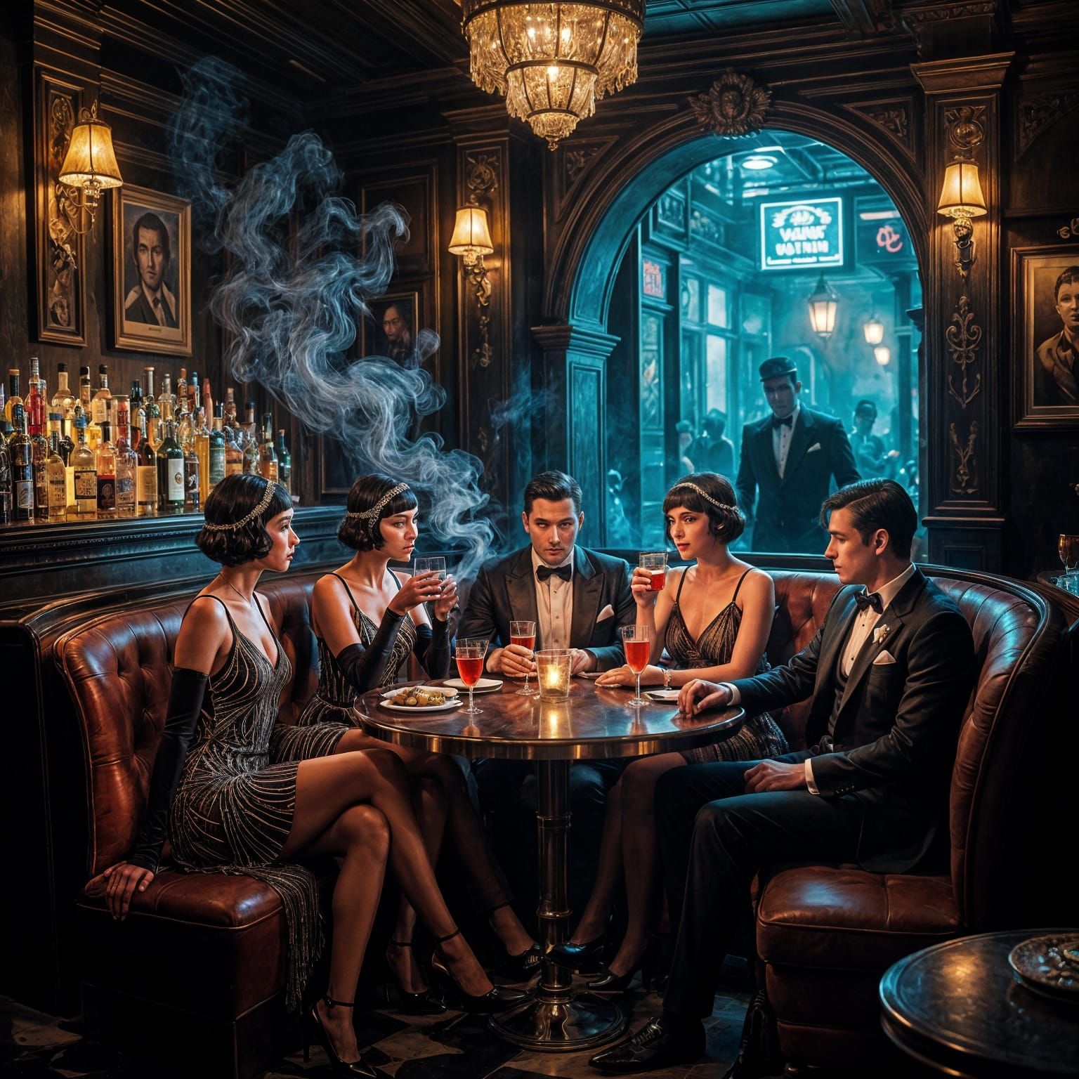 It's a cozy, dimly lit bar with velvet booths, art deco details, and live jazz. Characters dressed in ...  by @Likvi