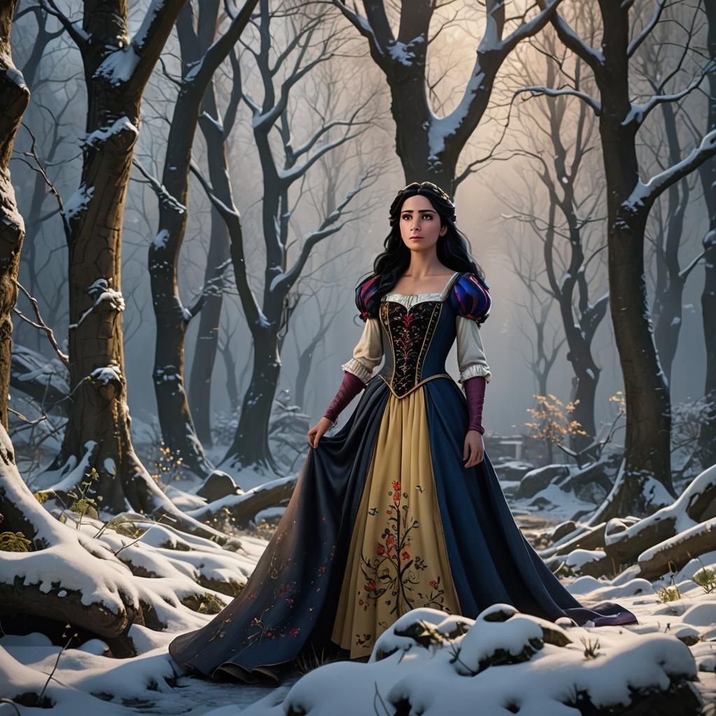 Rapunzel with black hair wearing Snow White's dress standing...