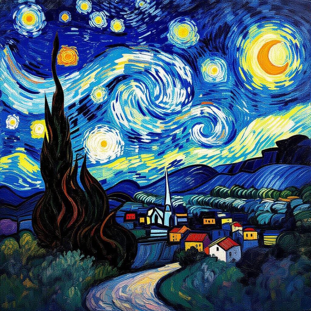 Whimsical Starry Night Landscape in Van Gogh Style