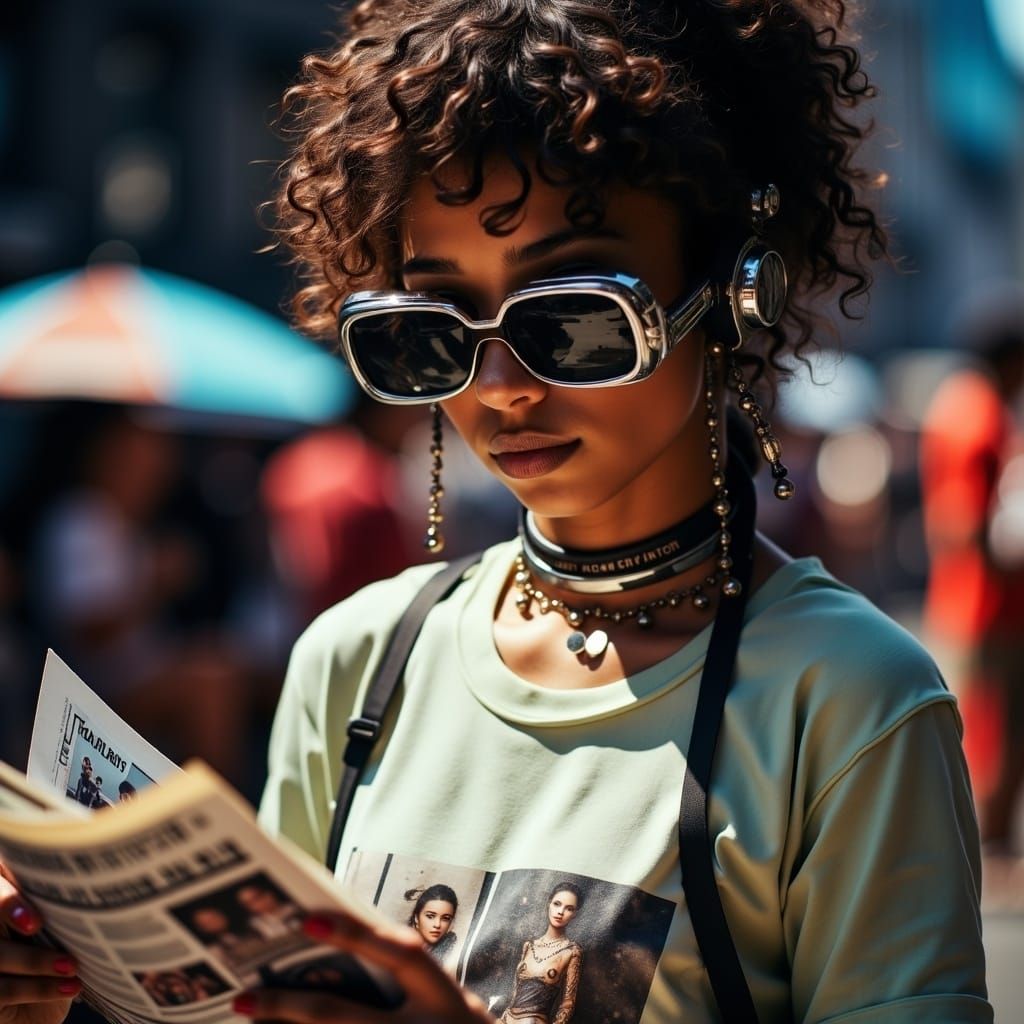 <lora:SteampunkFoto FL:1.0> A close-up of someone in oversized sunglasses and a graphic T-shirt, flipping through gossip magazines with hea...