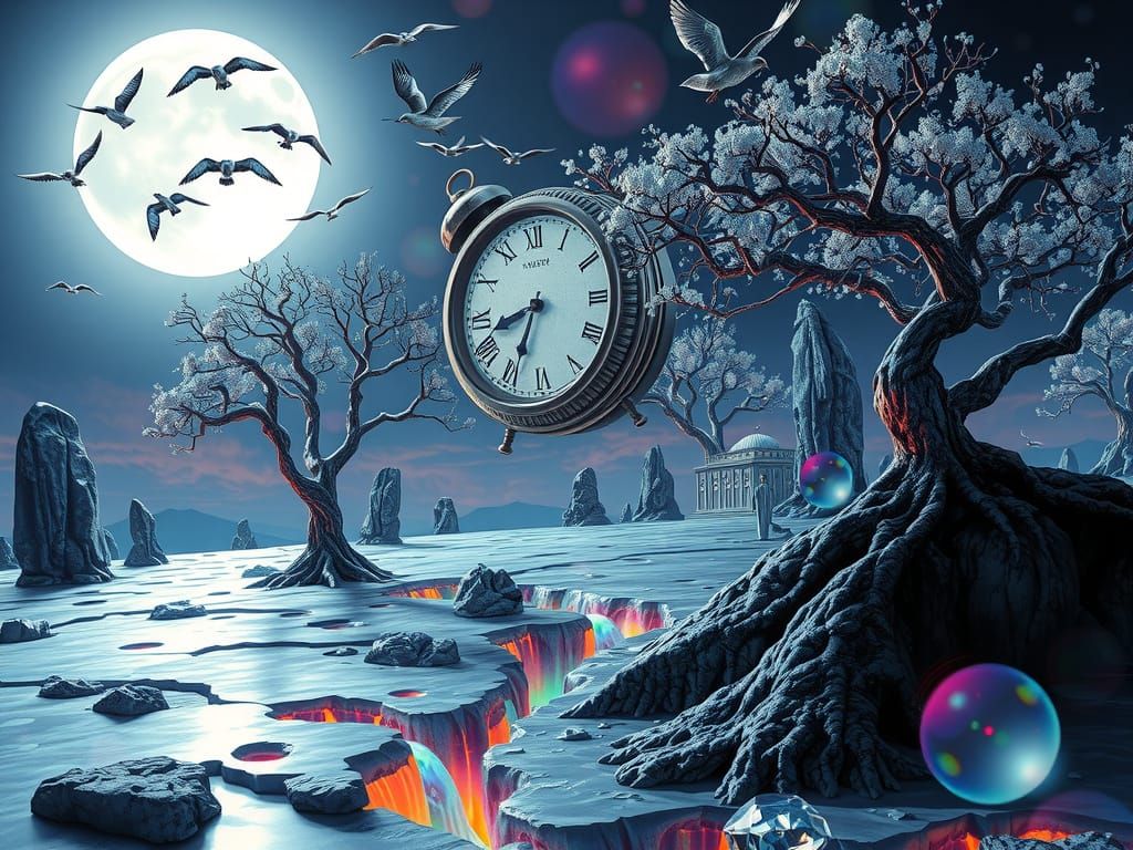 A surreal landscape where the boundaries between reality and fantasy are blurred. A giant clock, its ...  by @undefined