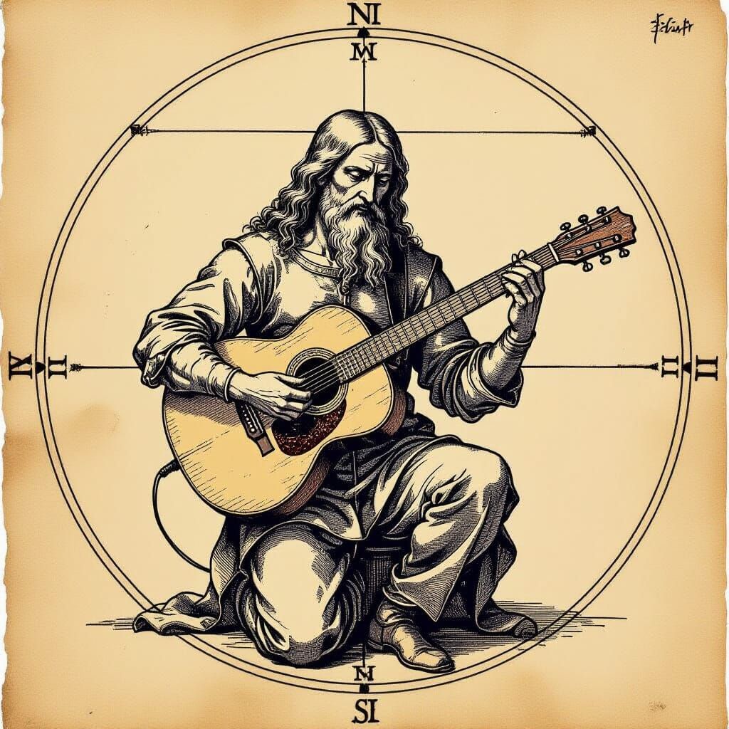 A Vitruvian-style guitarist, sketched with fine ink lines on aged parchment. The figure stands within a circle and a square, arms and legs i...