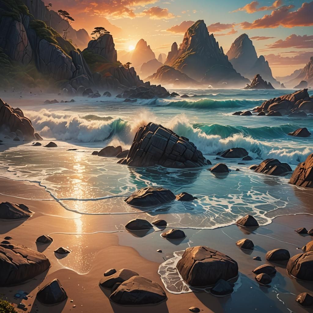 Peaceful Sunrise at Ocean Beach: Fantasy Matte Painting