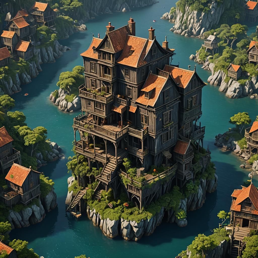 A multi-storey rickety old house on a tiny island in the mid...