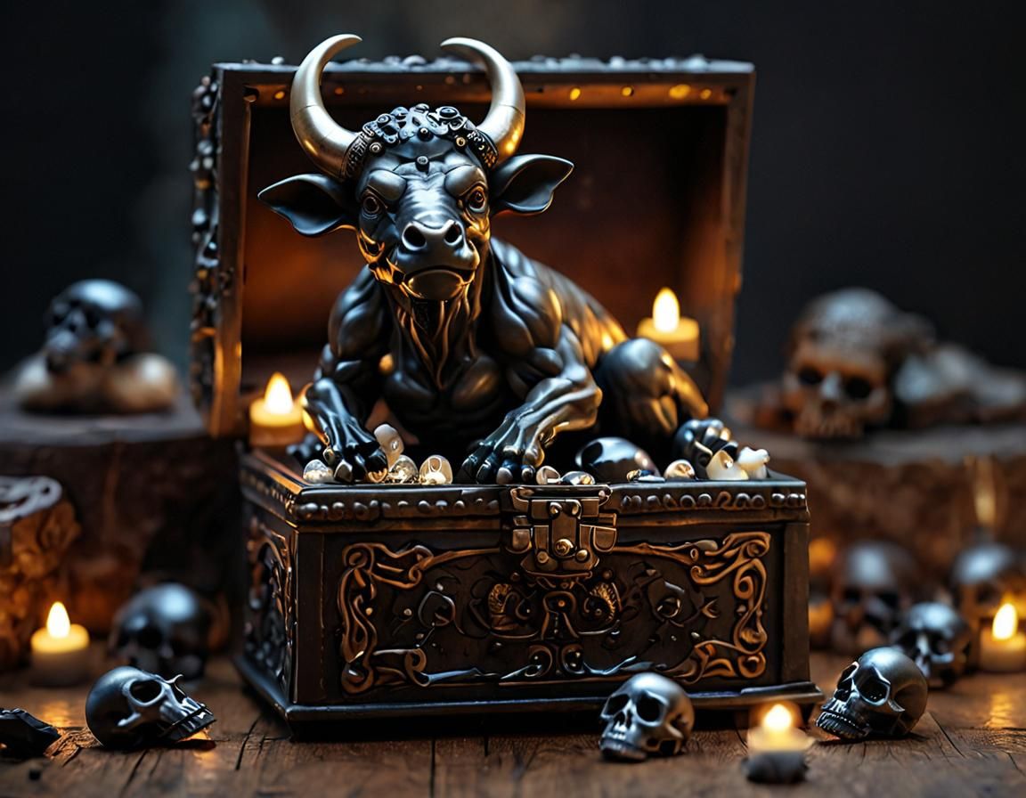 A cute miniature baby minotaur sitting in a bone jewelry box overflowing with glowing glass skulls.